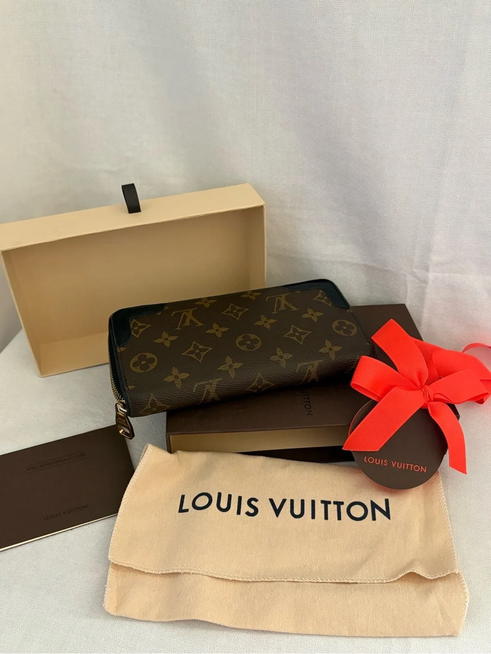 Louis Vuitton Monogram Zip Wallet in Brown with Black Trim Retiro Noir, box, bag